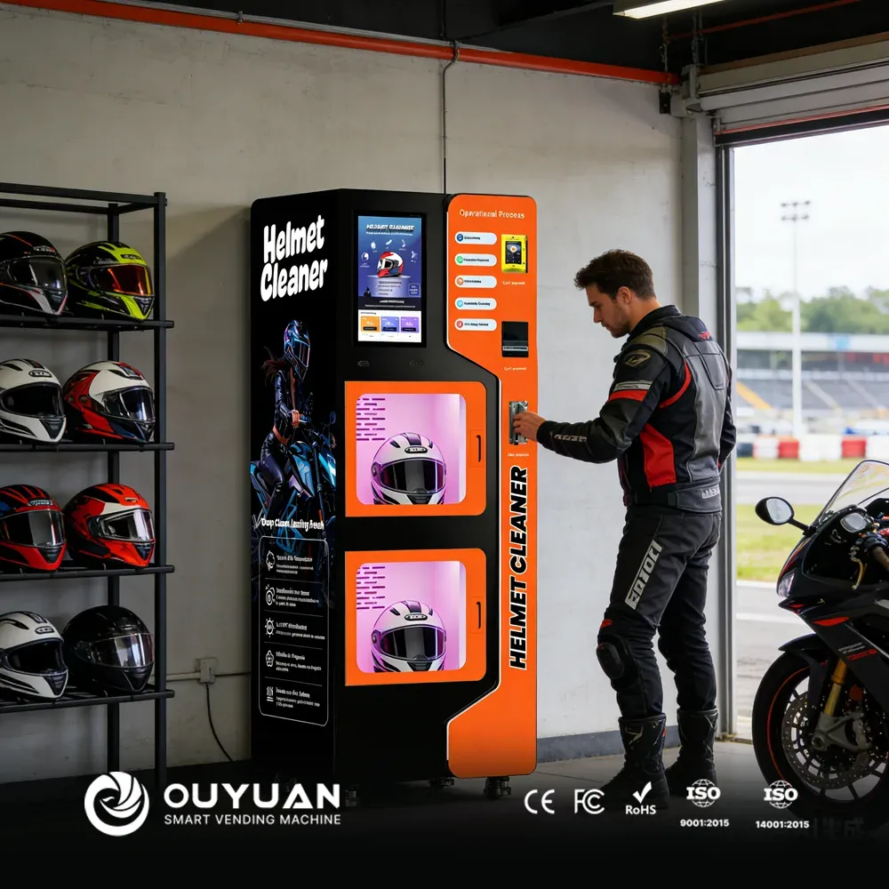 Dual-chamber motorcycle helmet washer in a rental shop scene